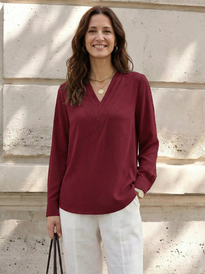 Pleated V-Neck Long-Sleeve wine red image 4 