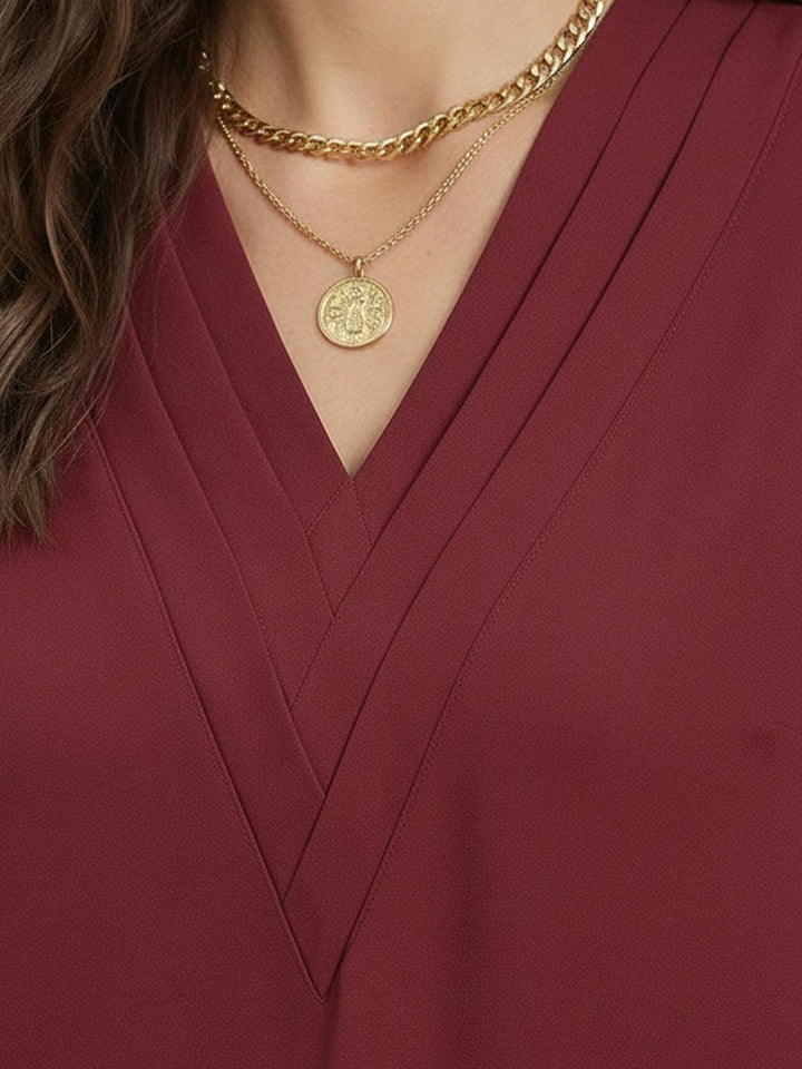Pleated V-Neck Long-Sleeve wine red image 5 