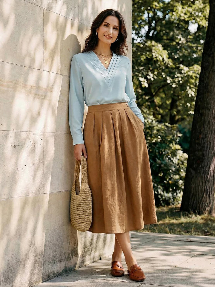 Pleated V-Neck Long-Sleeve light blue image 4 