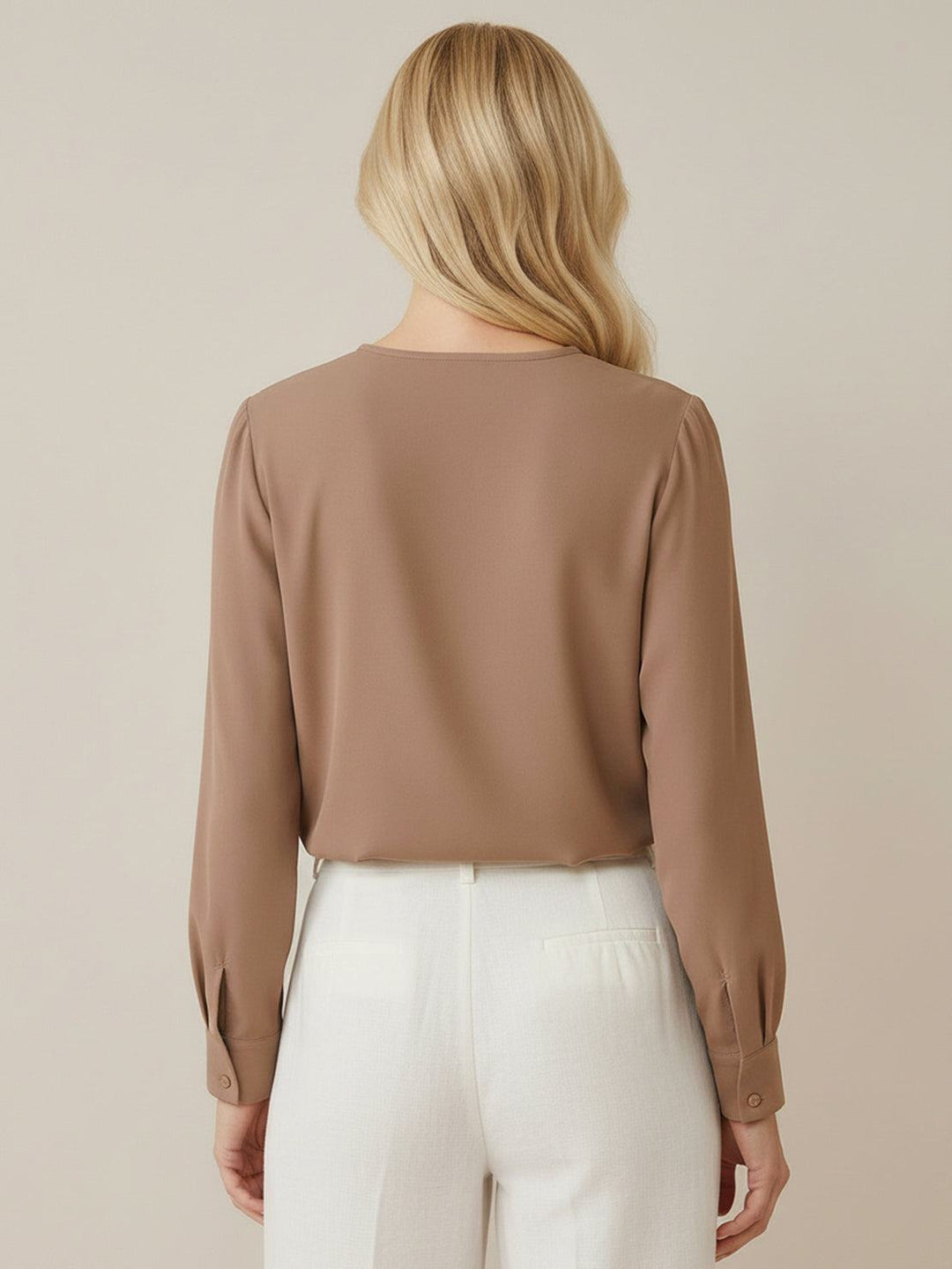 Pleated V-Neck Long-Sleeve khaki image 3 