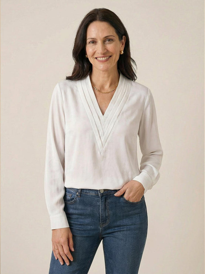 Pleated V-Neck Long-Sleeve white image 1 