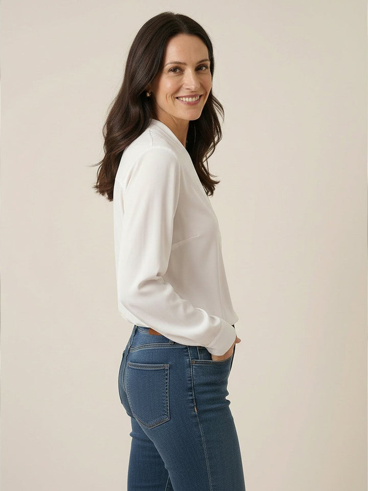 Pleated V-Neck Long-Sleeve white image 2 