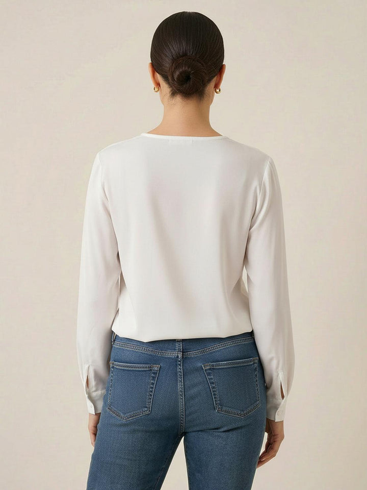 Pleated V-Neck Long-Sleeve white image 3 