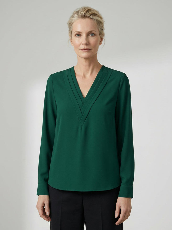 Pleated V-Neck Long-Sleeve dark green image 1 