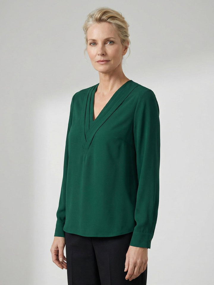 Pleated V-Neck Long-Sleeve dark green image 2 
