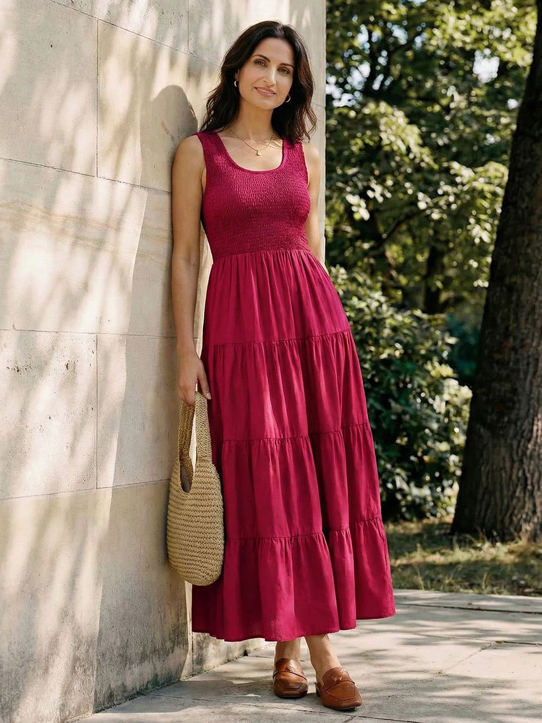 Smocked Sleeveless Maxi Dress wine red image 4 