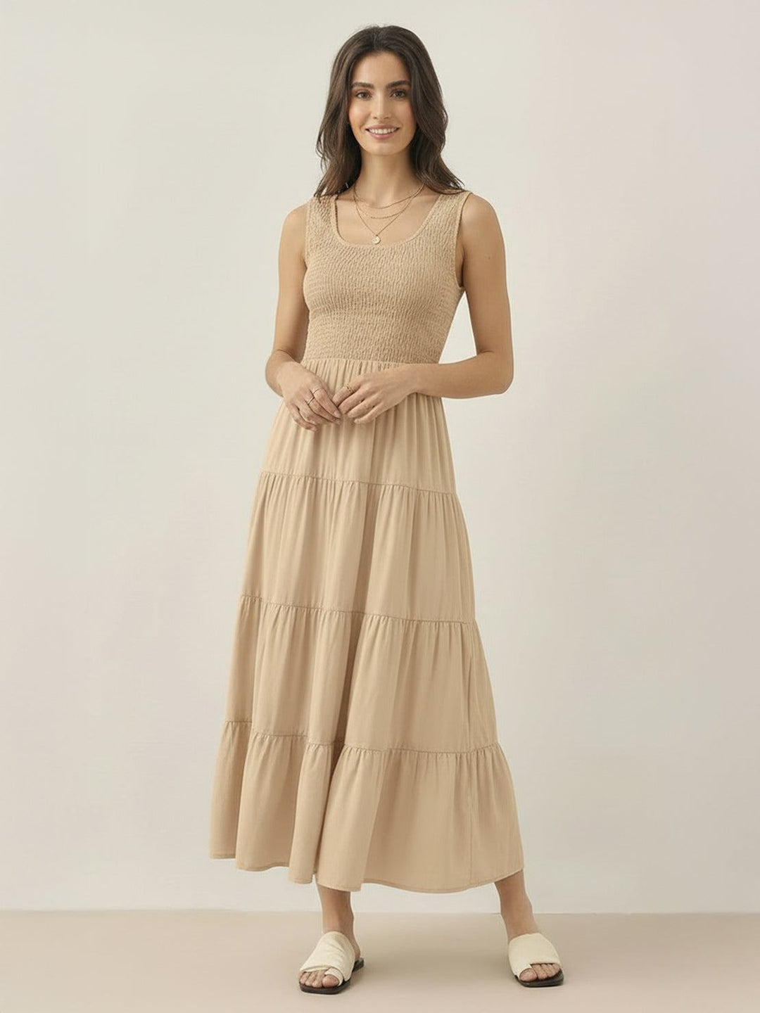 Smocked Sleeveless Maxi Dress khaki image 1 