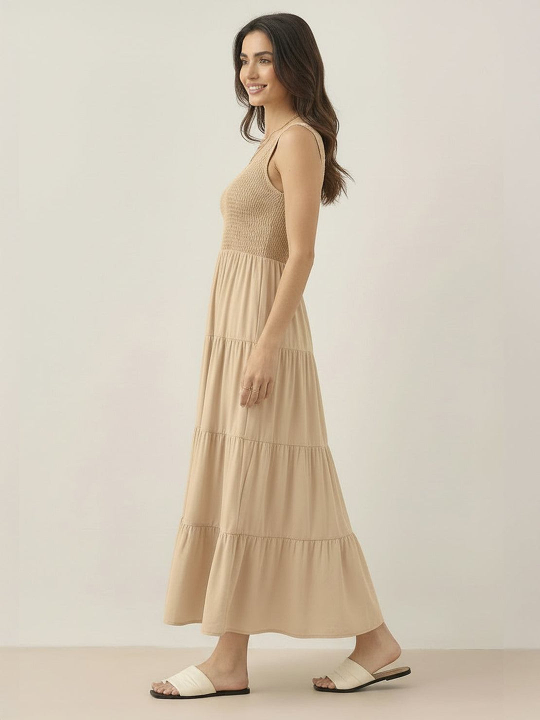 Smocked Sleeveless Maxi Dress khaki image 2 