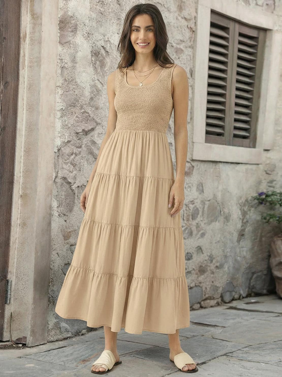 Smocked Sleeveless Maxi Dress khaki image 4 