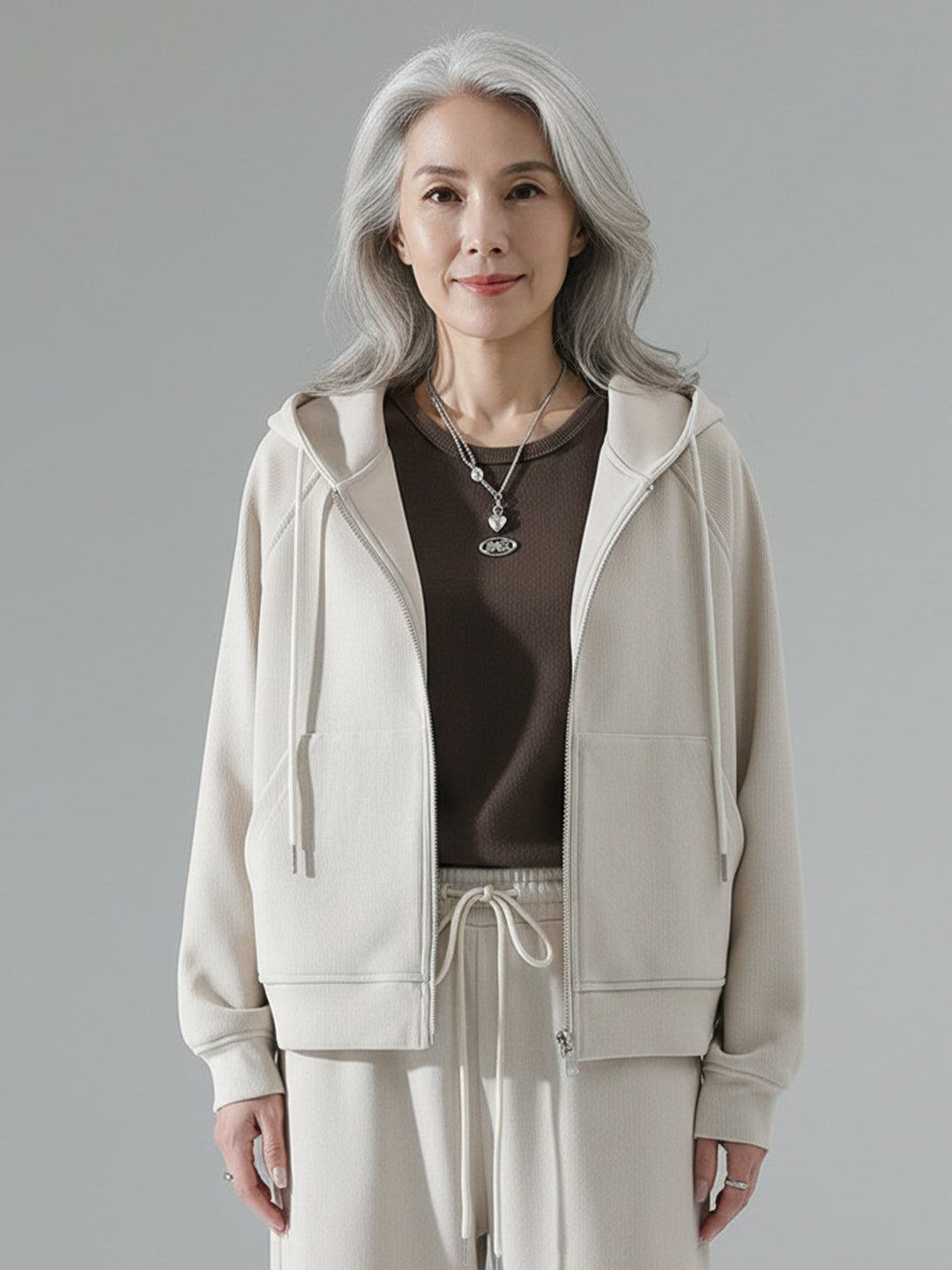 Chenille Zip-up Loungewear Set off white image 2 