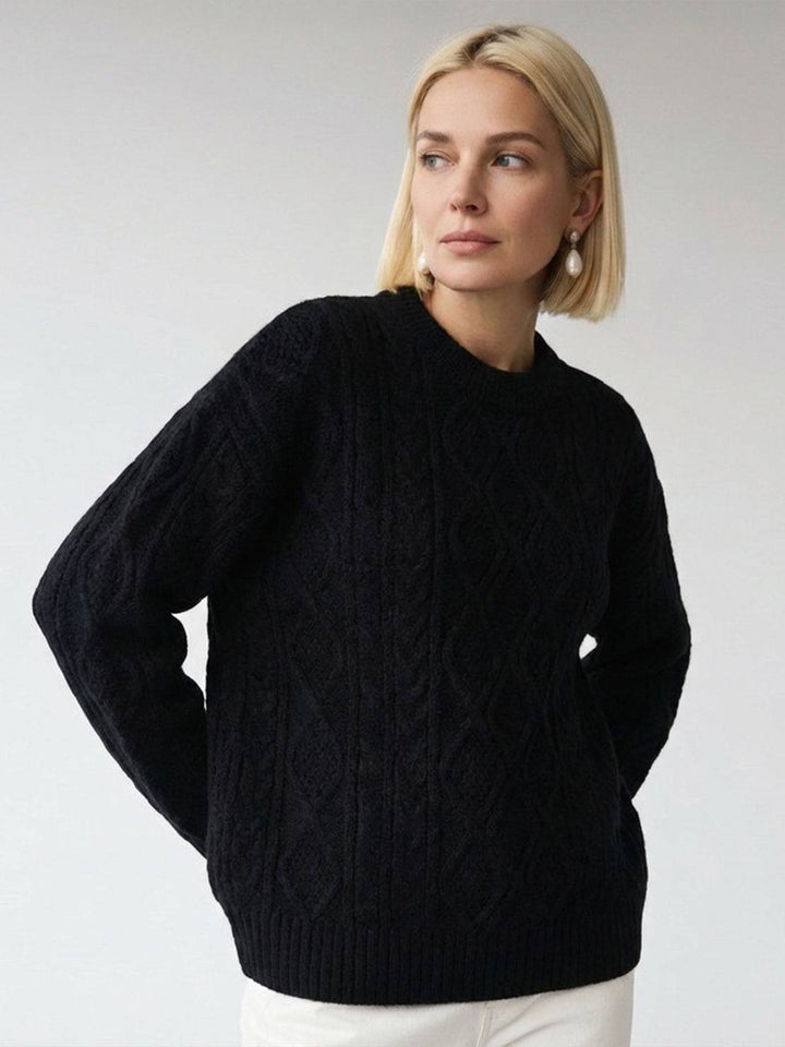 Oversized Cable-Knit Crewneck Sweater black image 1 