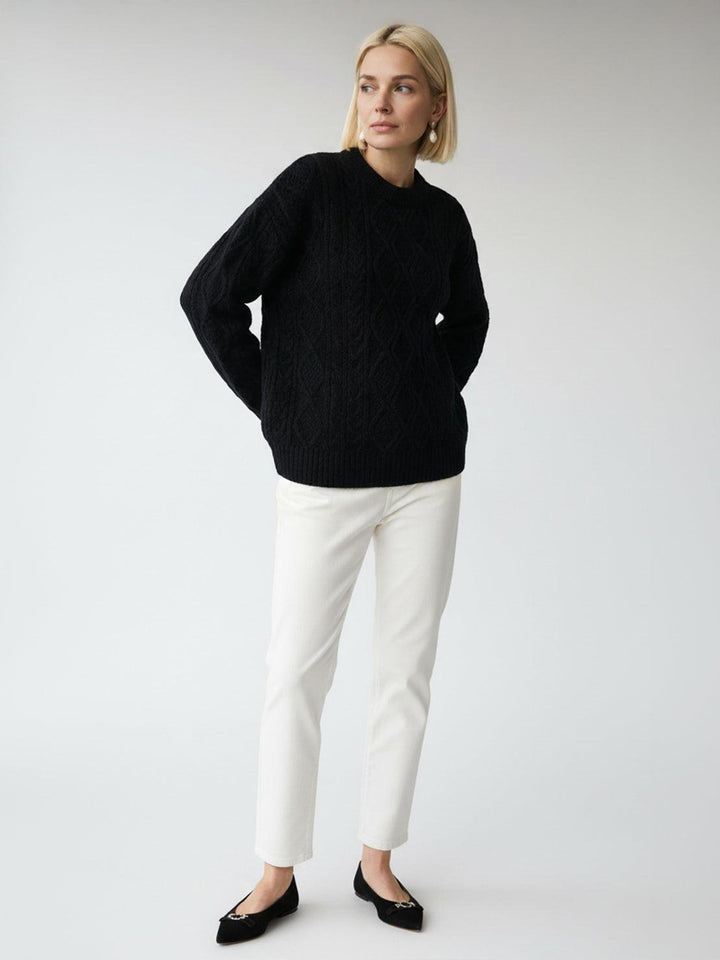 Oversized Cable-Knit Crewneck Sweater black image 3 