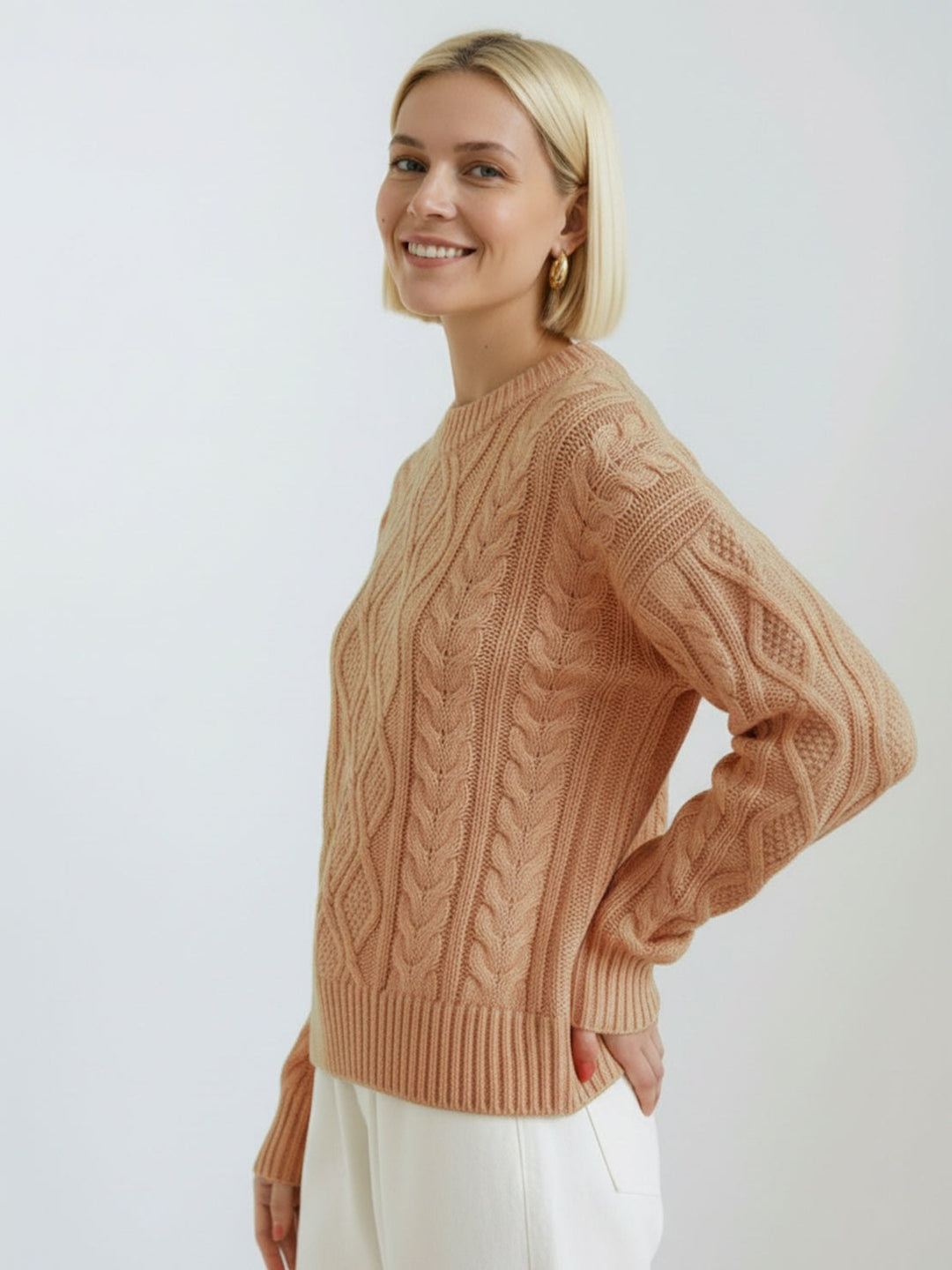 Oversized Cable-Knit Crewneck Sweater peach fuzz image 2 