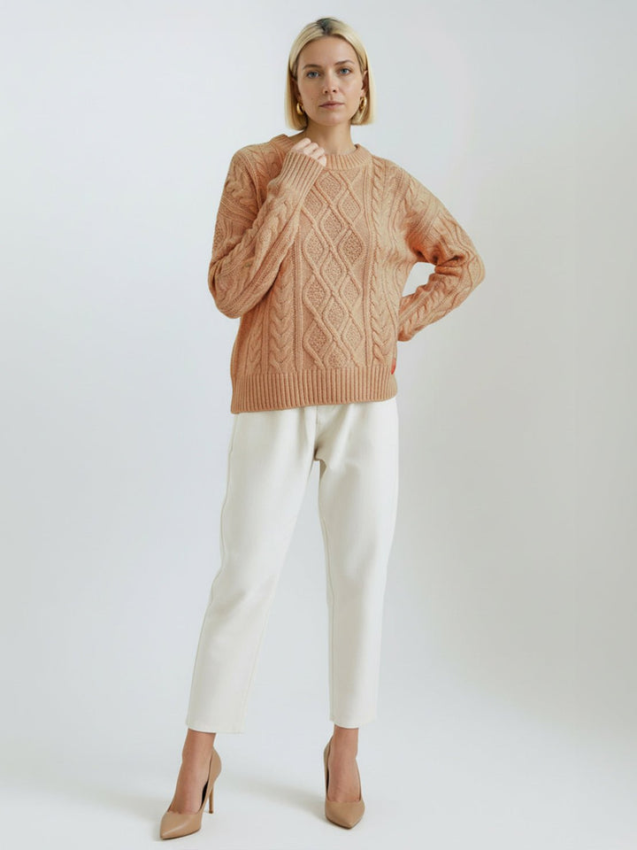Oversized Cable-Knit Crewneck Sweater peach fuzz image 3 