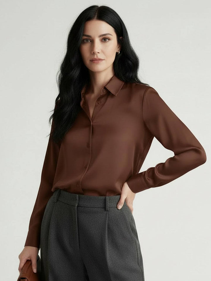 Silk-Finish Button Front Shirt chocolate brown image 1 
