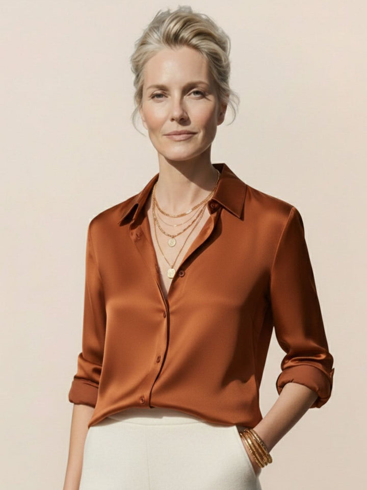 Silk-Finish Button Front Shirt caramel image 1 
