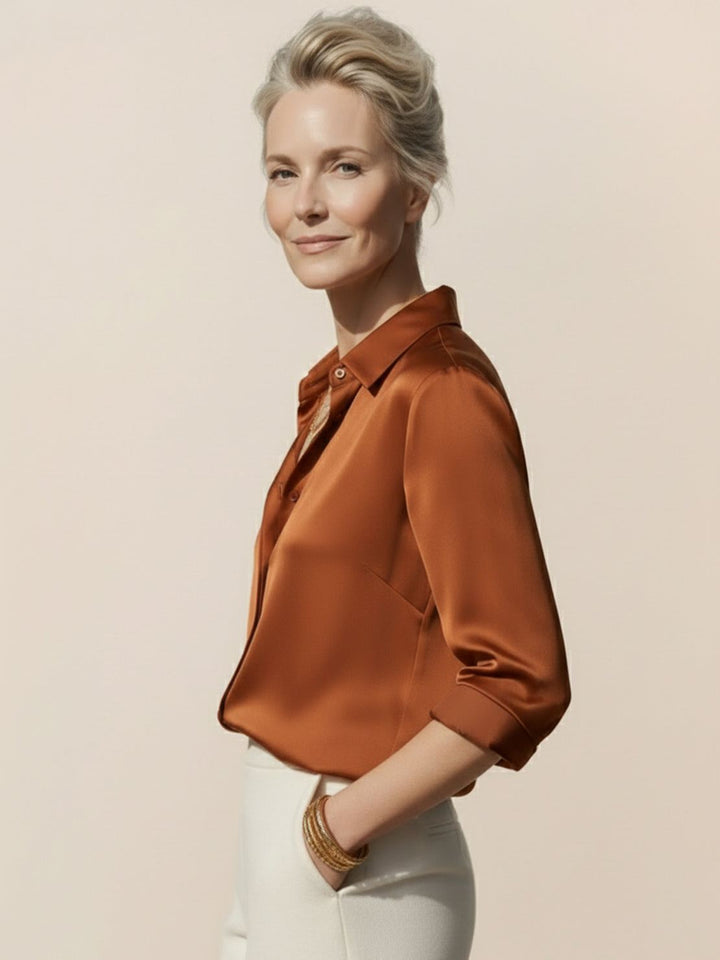 Silk-Finish Button Front Shirt caramel image 2 
