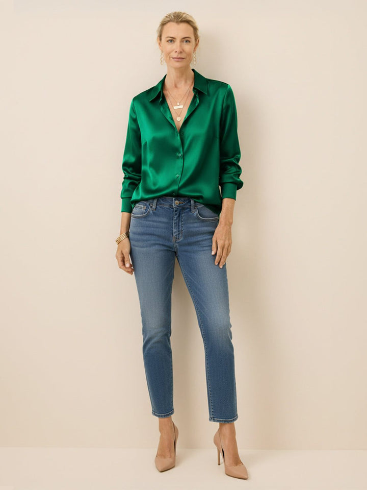 Silk-Finish Button Front Shirt emerald green image 4 