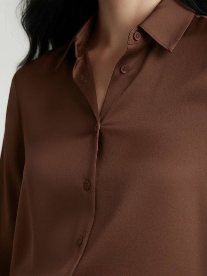 Silk-Finish Button Front Shirt chocolate brown image 5 