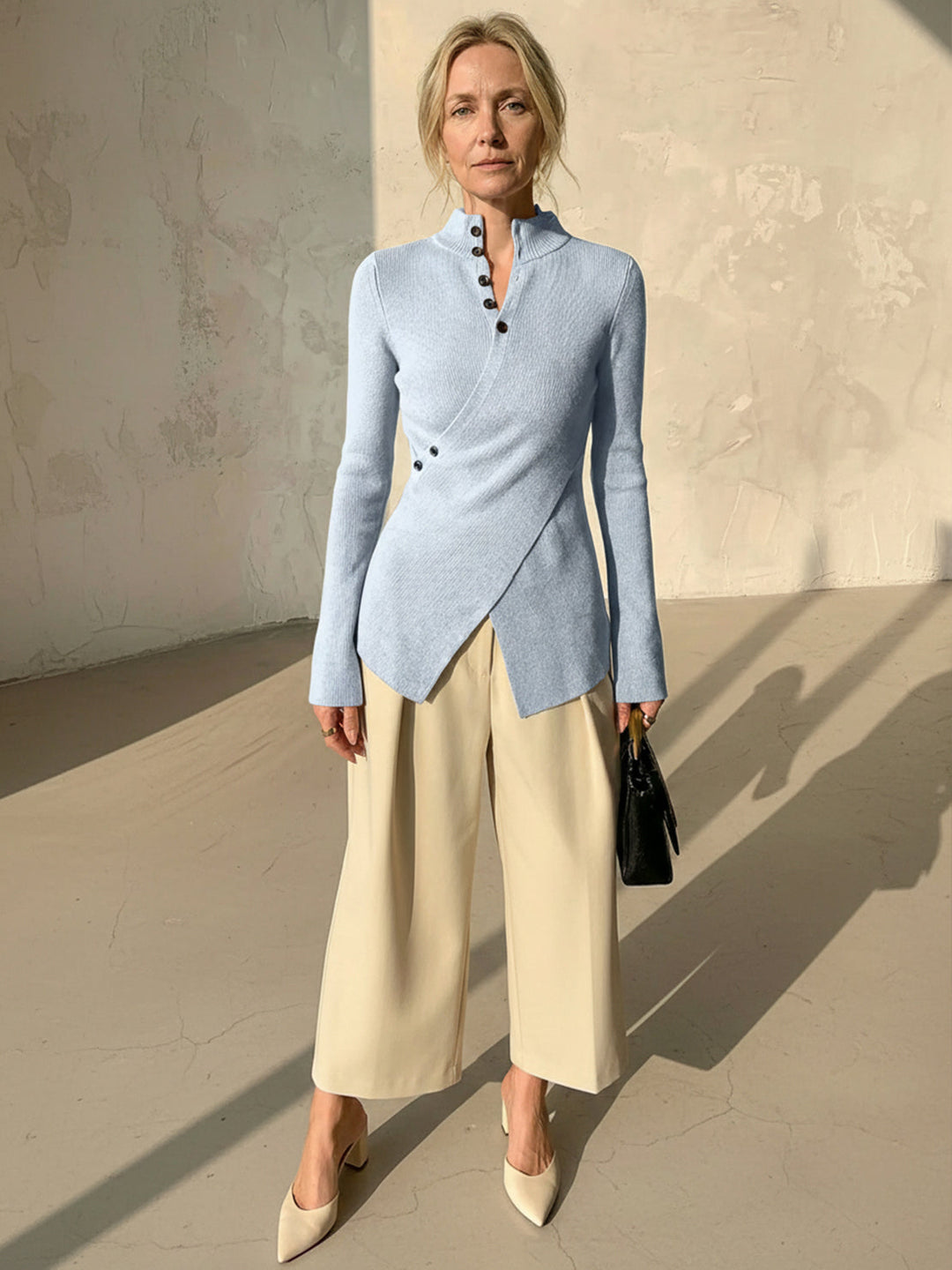 Asymmetric Wrap Ribbed Knit Top sky blue image 4 