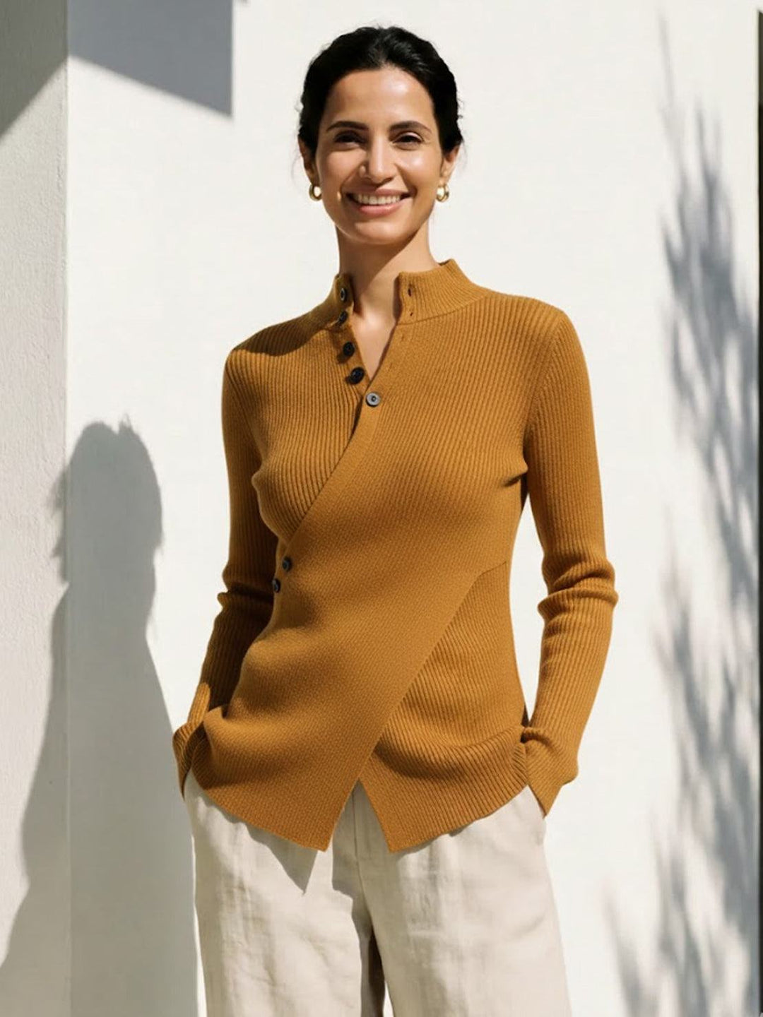 Asymmetric Wrap Ribbed Knit Top mustard yellow image 4 