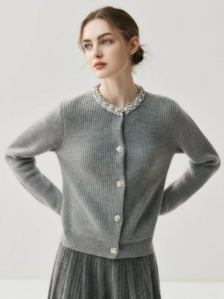 100% Alashan Cashmere Diamond-Collar Cardigan gray image 1 