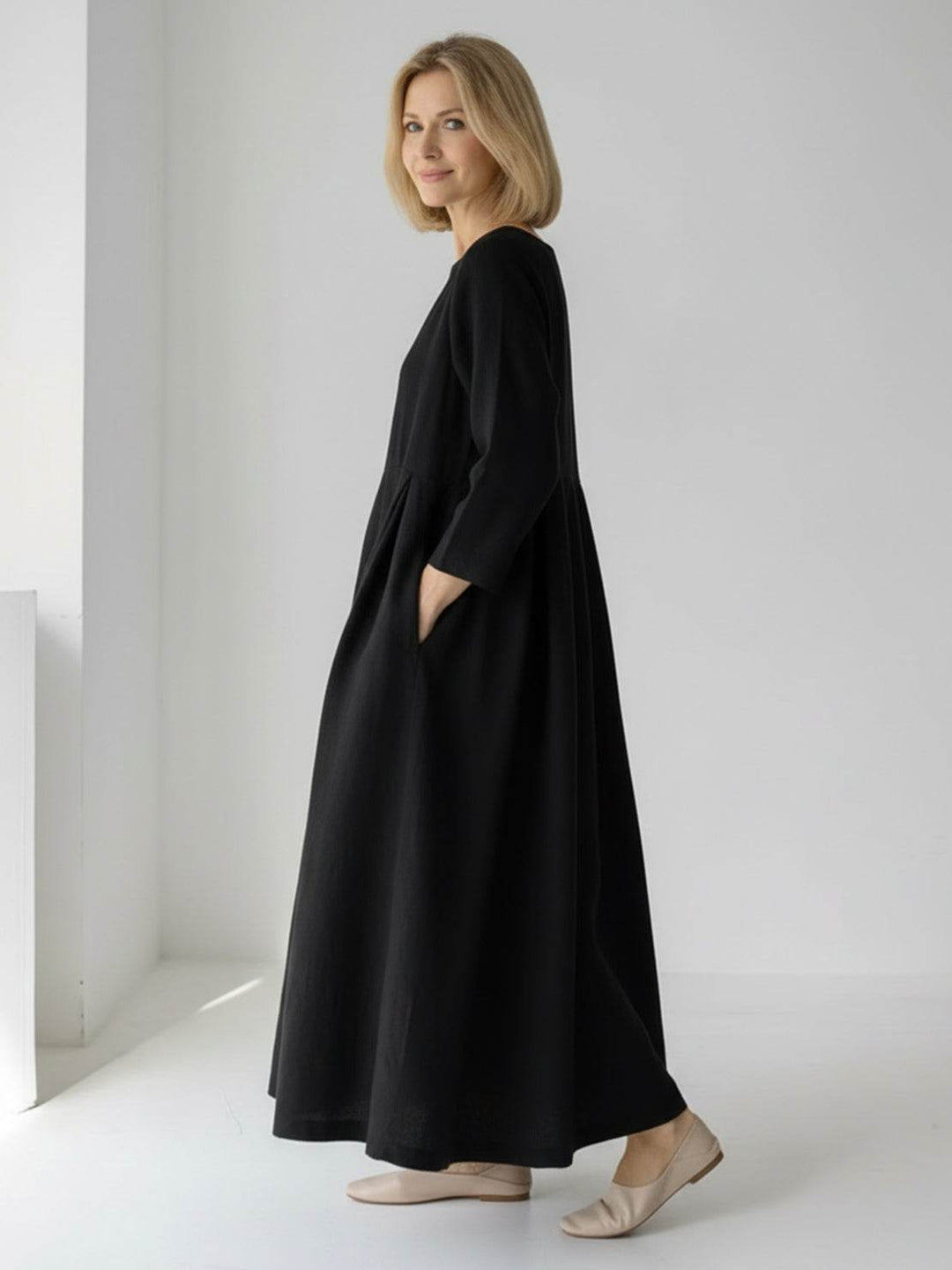 100% Cotton-Linen Empire Waist Dress