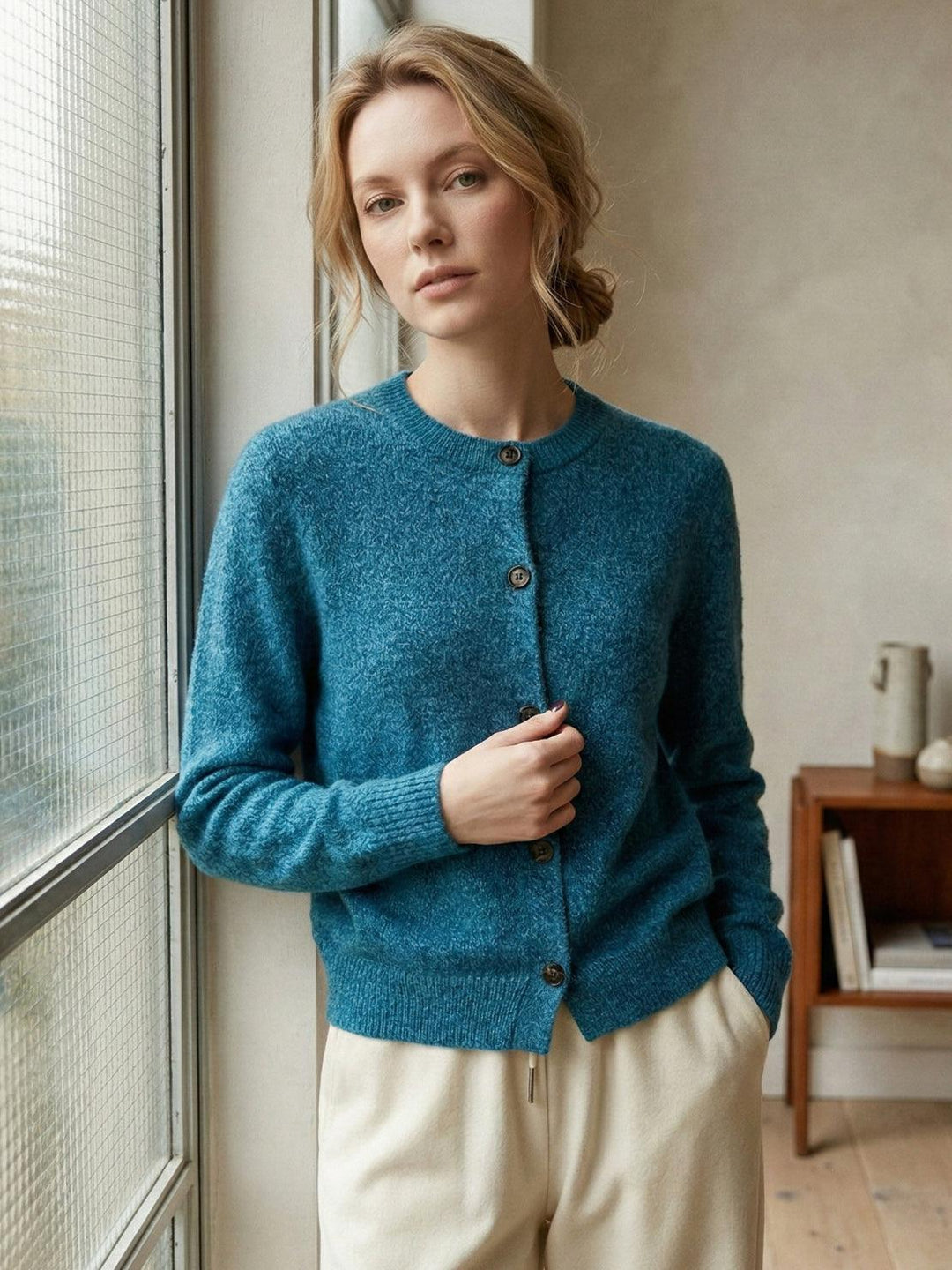 Marled Knit Merino Wool Cardigan peacock blue image 2 