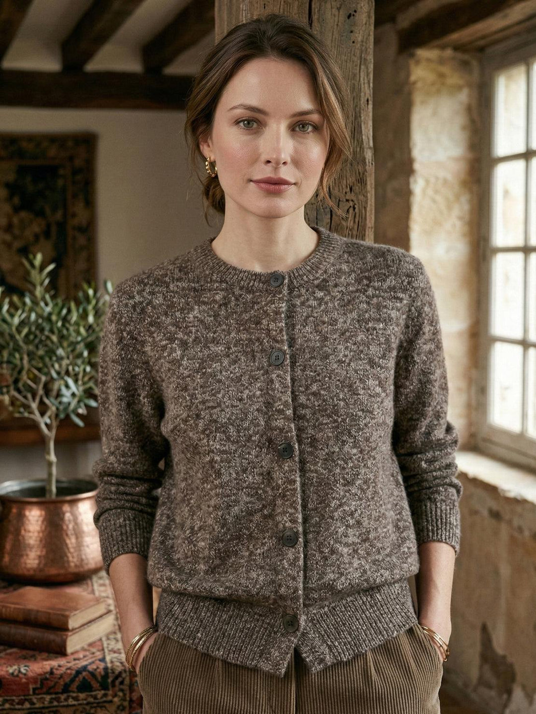 Marled Knit Merino Wool Cardigan taupe image 2 