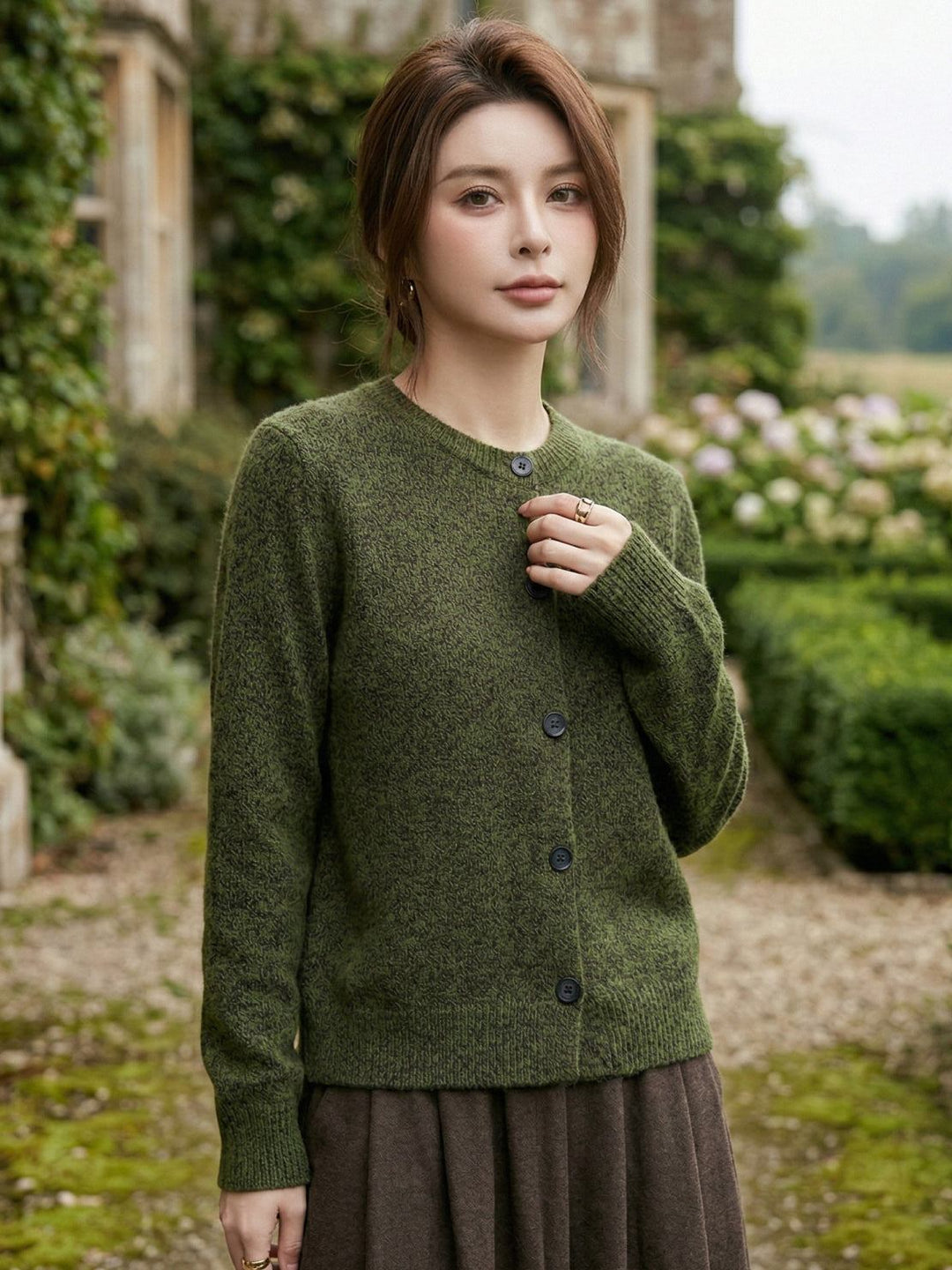 Marled Knit Merino Wool Cardigan army green image 2 