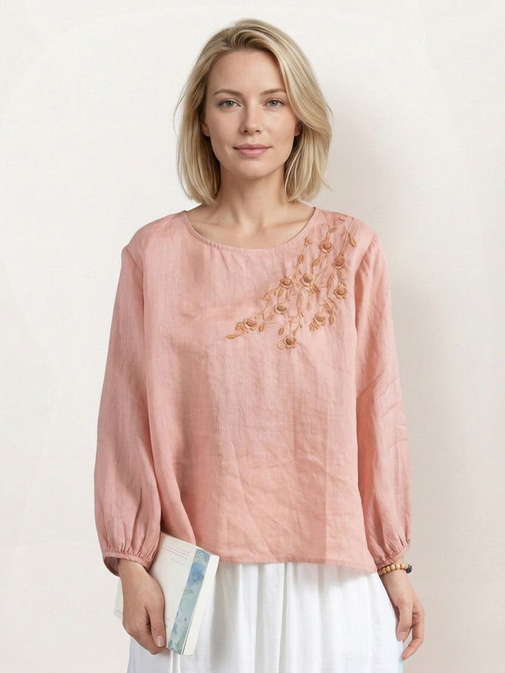 100% Cotton-Linen Embroidered Blouse peach fuzz image 1 