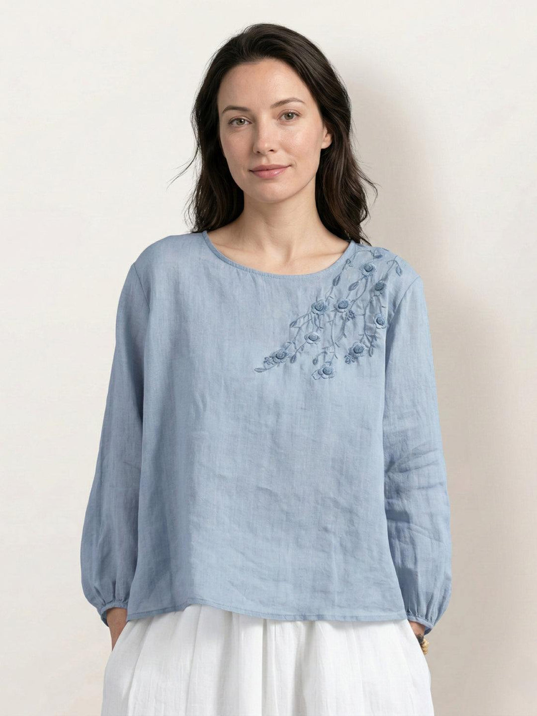 100% Cotton-Linen Embroidered Blouse powder blue image 1 