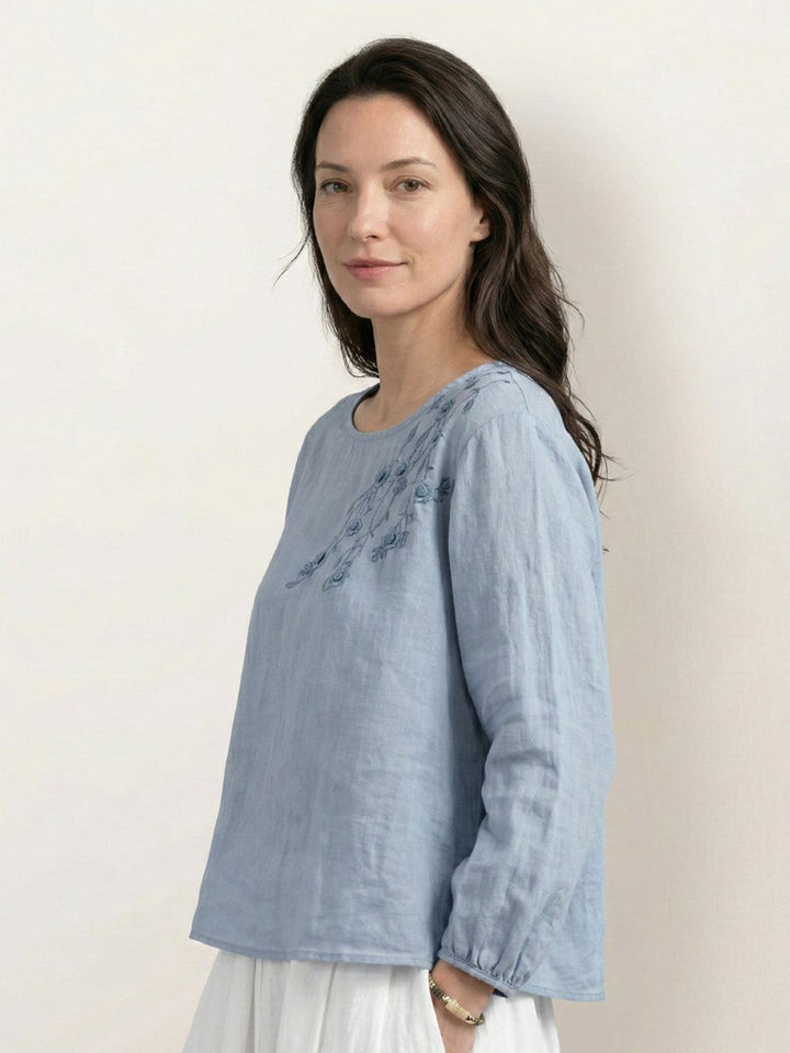 100% Cotton-Linen Embroidered Blouse powder blue image 3 