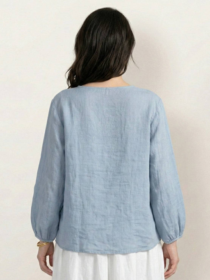 100% Cotton-Linen Embroidered Blouse powder blue image 4 