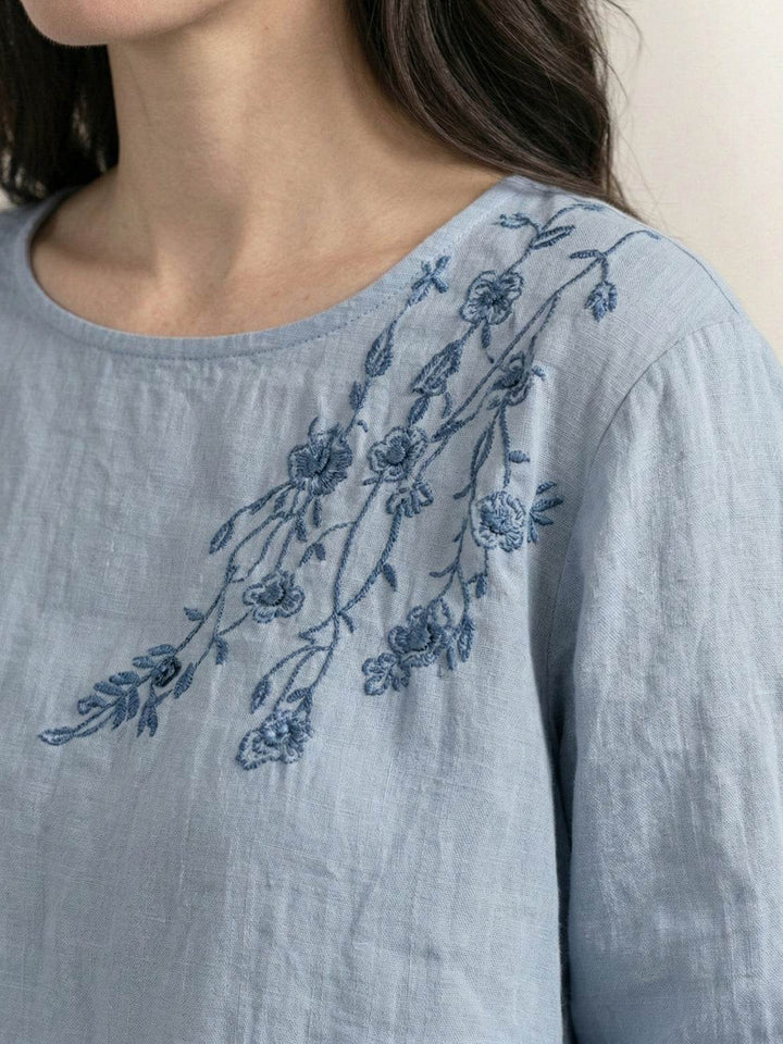 100% Cotton-Linen Embroidered Blouse powder blue image 5 