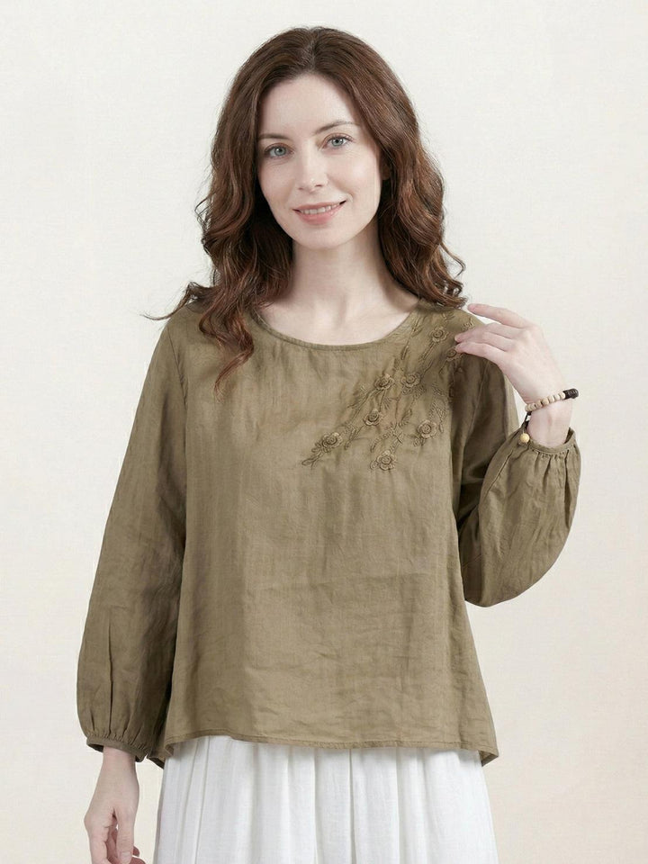 100% Cotton-Linen Embroidered Blouse dark khaki image 1 