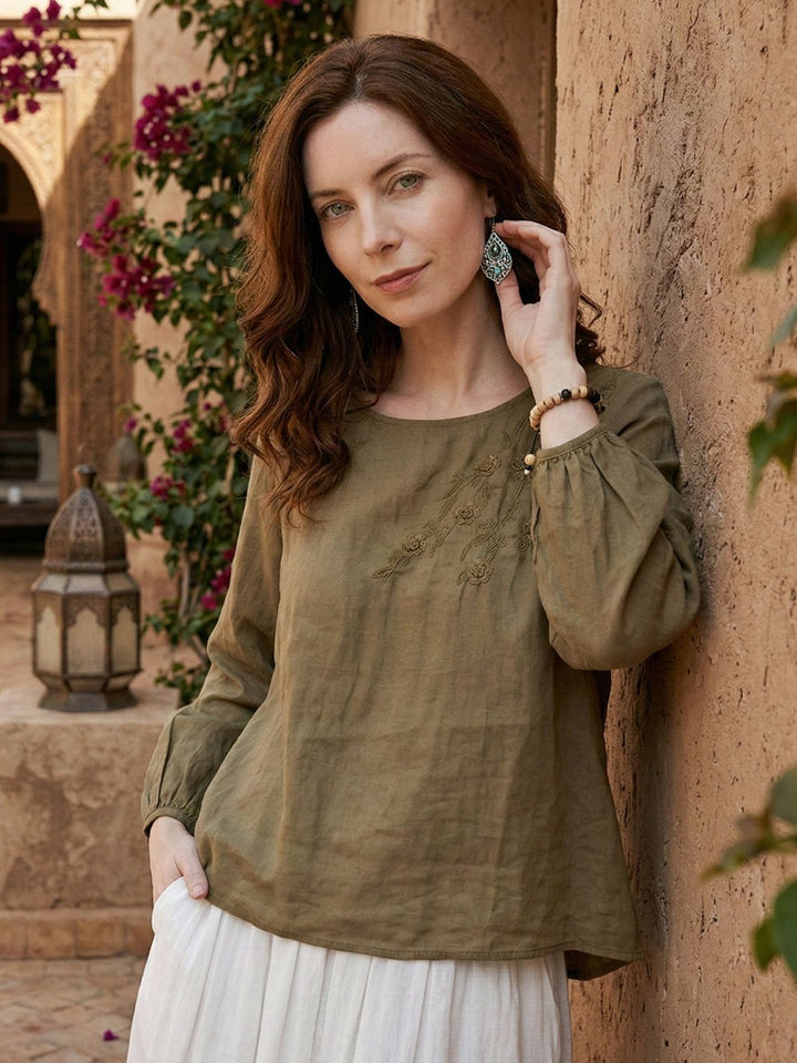 100% Cotton-Linen Embroidered Blouse dark khaki image 2 
