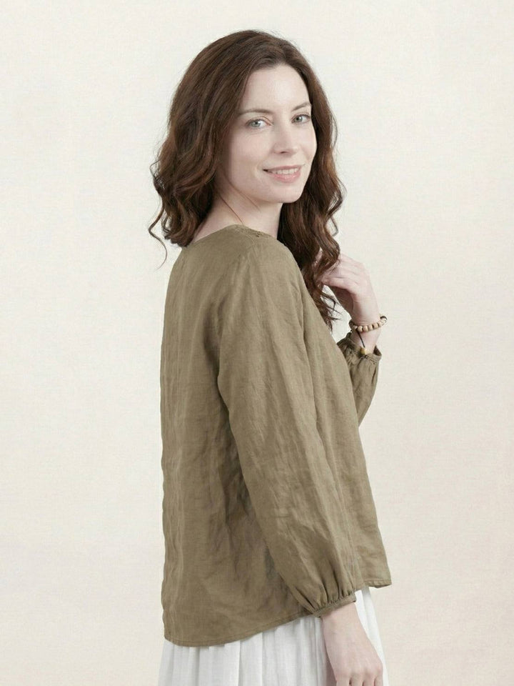 100% Cotton-Linen Embroidered Blouse dark khaki image 3 