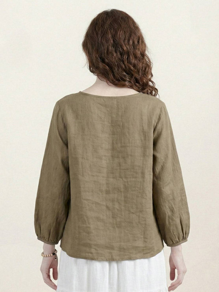 100% Cotton-Linen Embroidered Blouse dark khaki image 4 