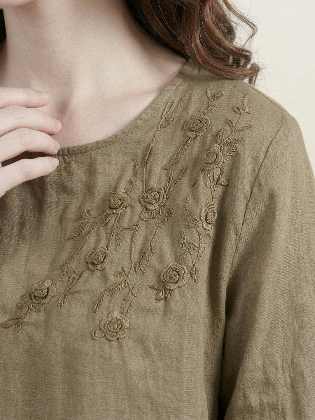100% Cotton-Linen Embroidered Blouse dark khaki image 5 