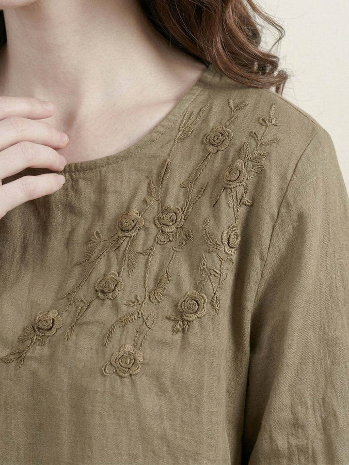 100% Cotton-Linen Embroidered Blouse dark khaki image 5 