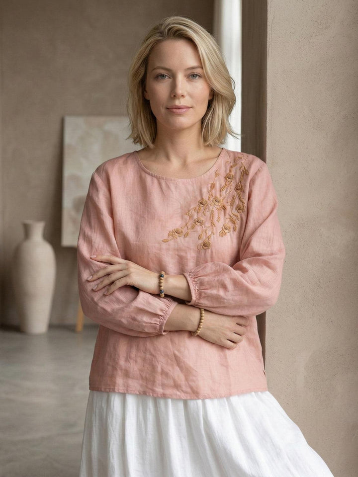 100% Cotton-Linen Embroidered Blouse peach fuzz image 2 