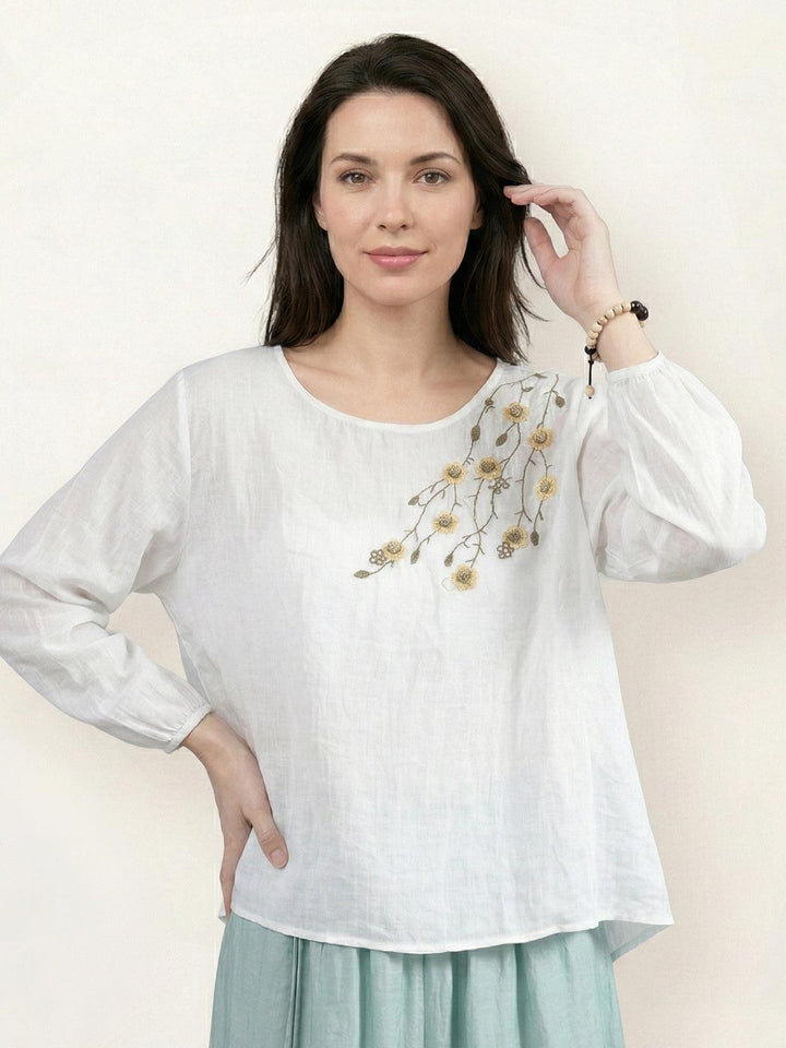 100% Cotton-Linen Embroidered Blouse white image 1 