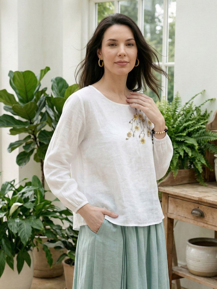 100% Cotton-Linen Embroidered Blouse white image 2 