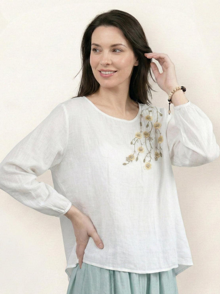 100% Cotton-Linen Embroidered Blouse white image 3 