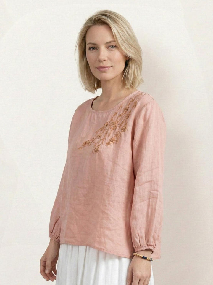 100% Cotton-Linen Embroidered Blouse peach fuzz image 3 