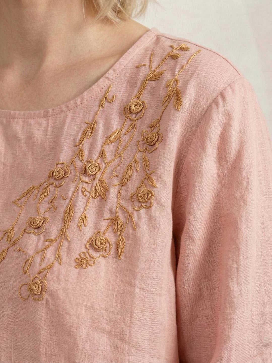 100% Cotton-Linen Embroidered Blouse peach fuzz image 5 