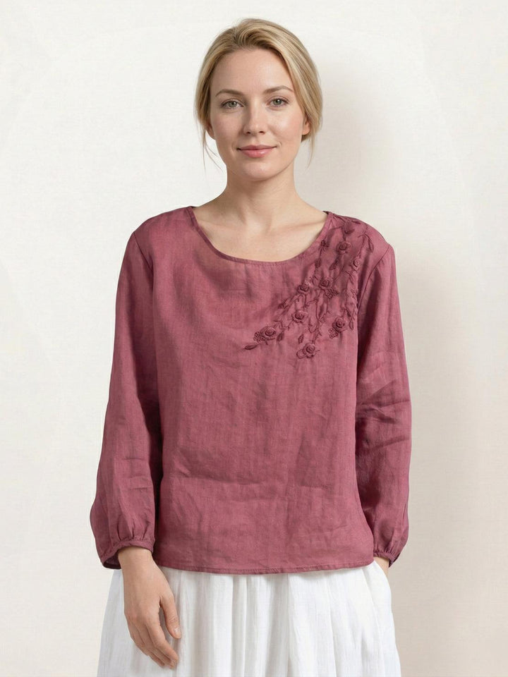 100% Cotton-Linen Embroidered Blouse raspberry red image 1 