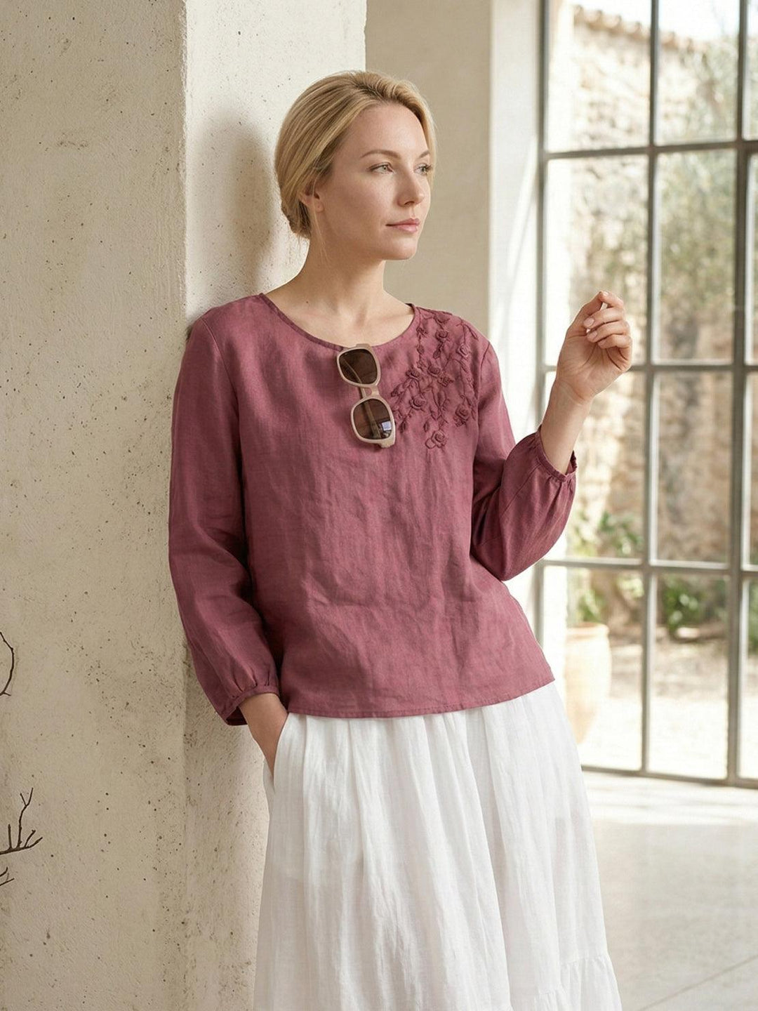 100% Cotton-Linen Embroidered Blouse raspberry red image 2 