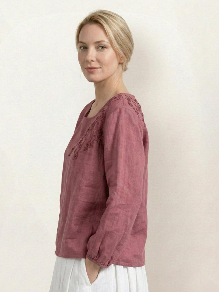 100% Cotton-Linen Embroidered Blouse raspberry red image 3 